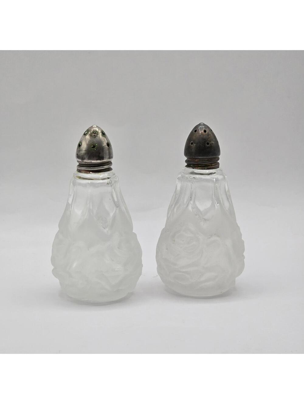 Vintage Frosted Rose Design Glass Salt & Pepper Shakers